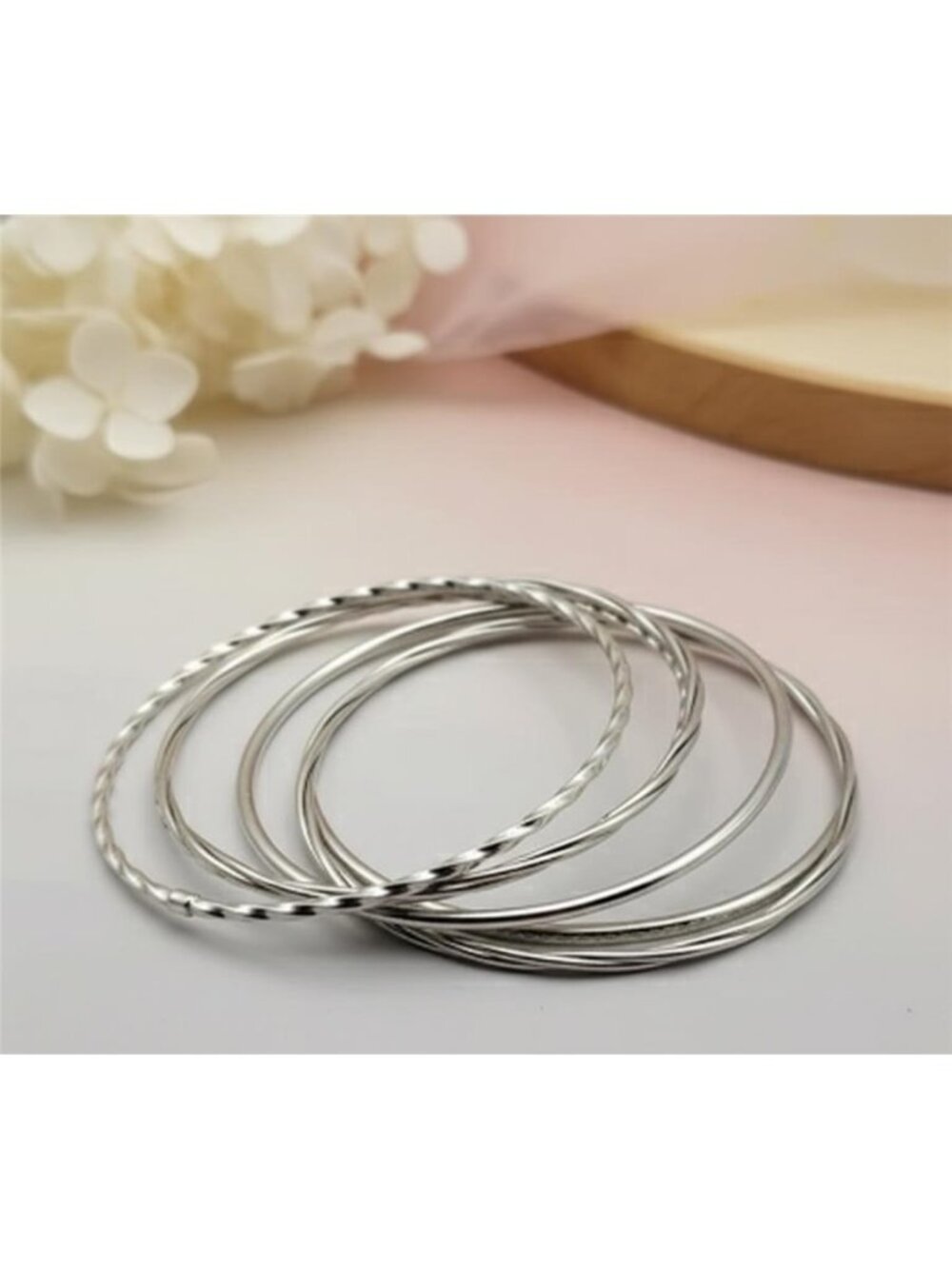 Vintage Thailand 925 Sterling Silver Set Of 6 Bangle Bracelets Twisted Flat 8"